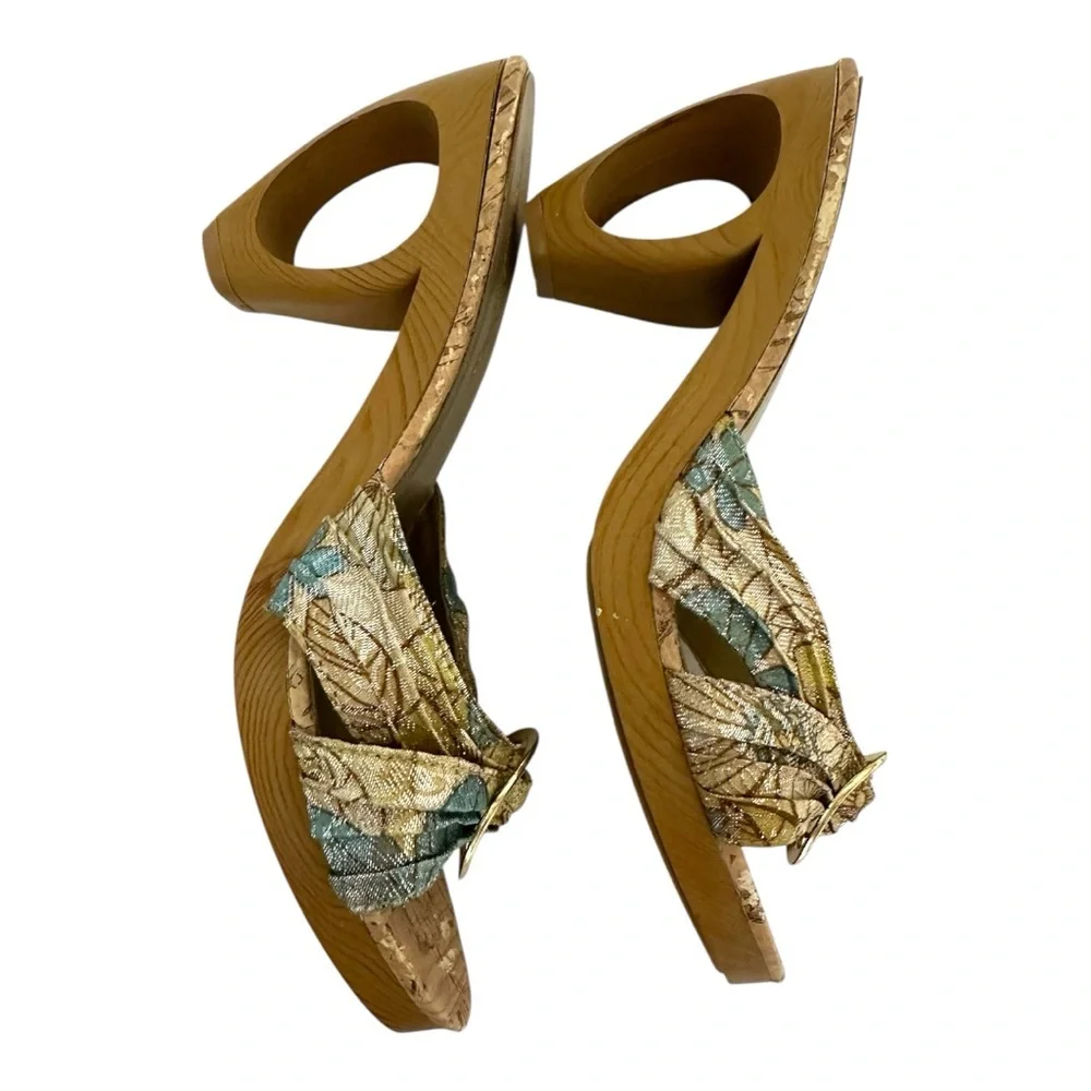 Petals Bling Jacquard Cork-Look Platform Mules Gold Ring Y2K Size 7